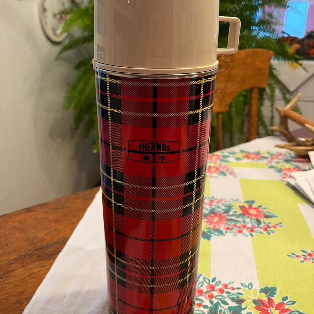 Vintage 70s Thermos Classic Red and Black Plaid Bottle, great color